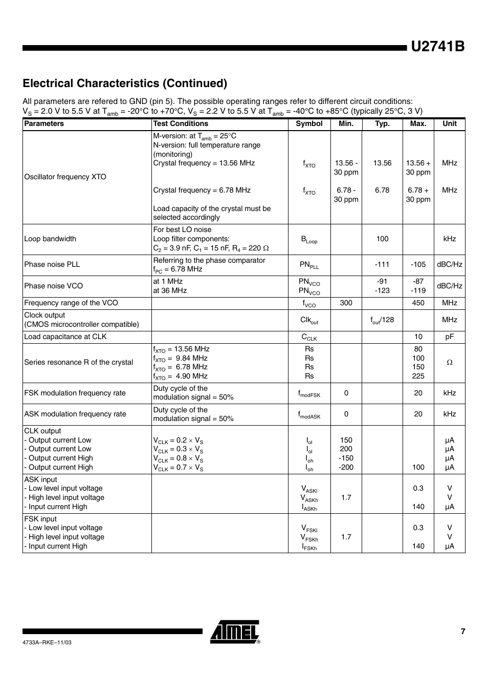 U2741b, Electrical characteristics (continued) | Rainbow Electronics U2741B User Manual | Page 7 / 9