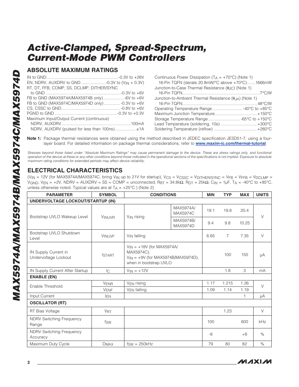 Electrical characteristics, Absolute maximum ratings | Rainbow Electronics MAX5974D User Manual | Page 2 / 26