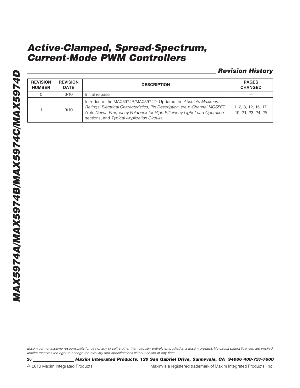 Revision history | Rainbow Electronics MAX5974D User Manual | Page 26 / 26