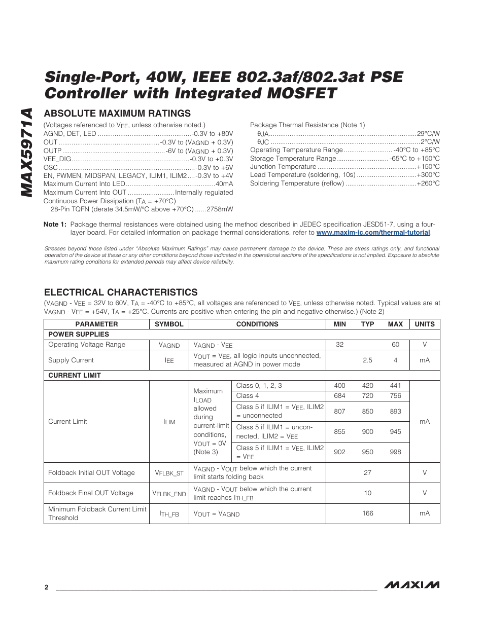 Electrical characteristics, Absolute maximum ratings | Rainbow Electronics MAX5971А User Manual | Page 2 / 21