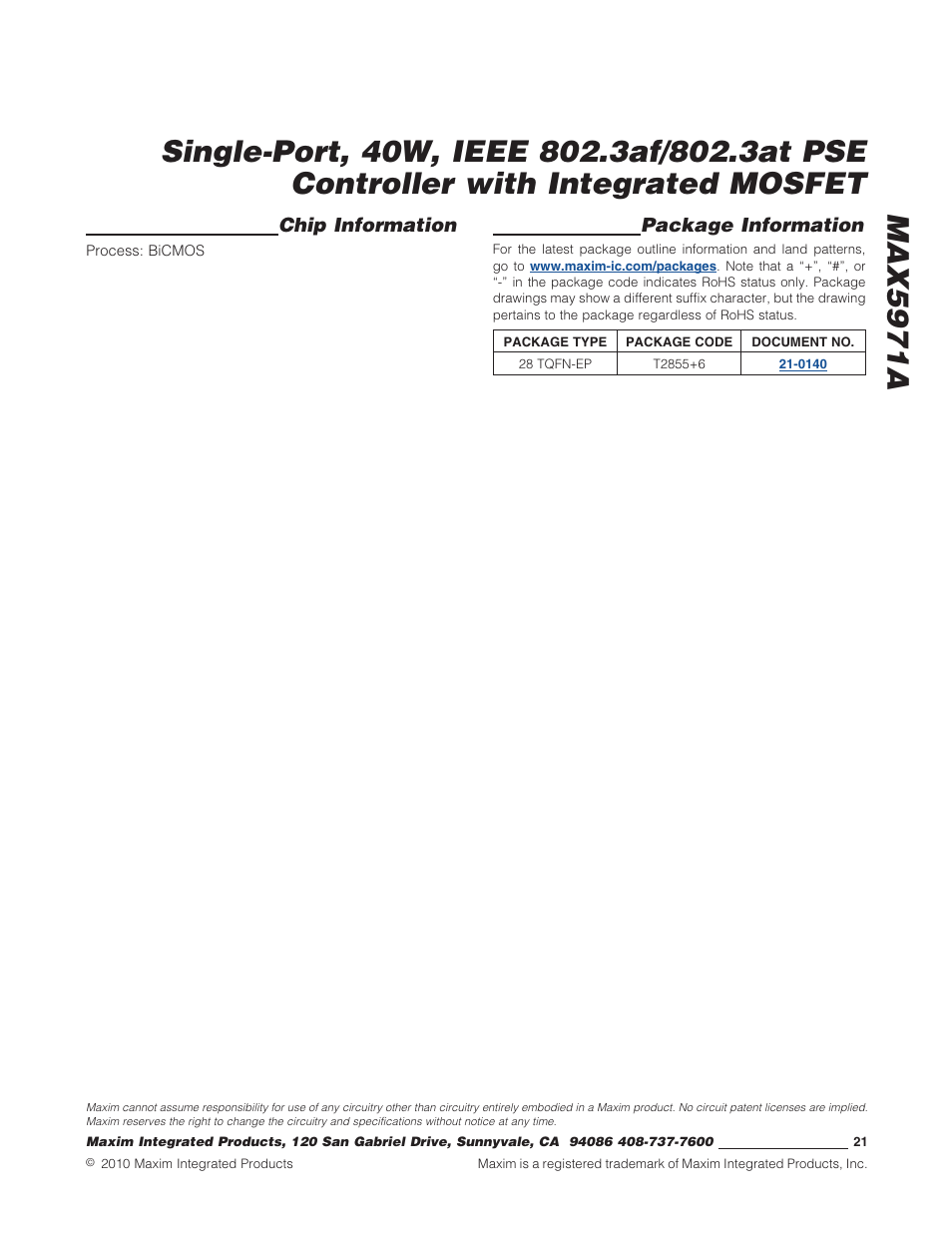 Package information, Chip information | Rainbow Electronics MAX5971А User Manual | Page 21 / 21