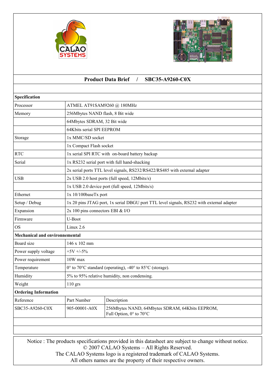 Rainbow Electronics SBC35-A9260-C12 User Manual | 1 page