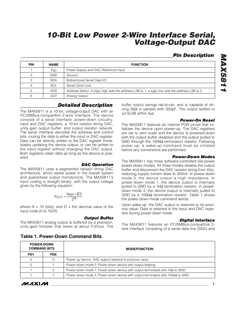 Detailed description, Pin description, Table 1. power-down command bits | Rainbow Electronics MAX5811 User Manual | Page 7 / 13