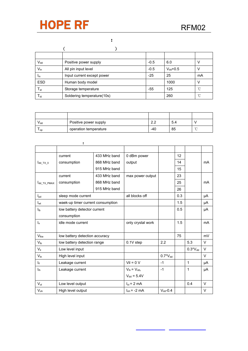 Rfm02, Electrical specification, Maximum （ not at working mode | Recommended working range, Dc characteristics | Rainbow Electronics RFM02 User Manual | Page 3 / 8