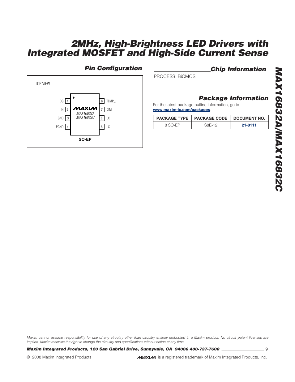 Chip information, Package information, Pin configuration | Rainbow Electronics MAX16832C User Manual | Page 9 / 9