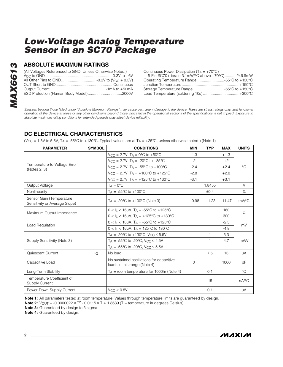 Absolute maximum ratings, Dc electrical characteristics | Rainbow Electronics MAX6613 User Manual | Page 2 / 6