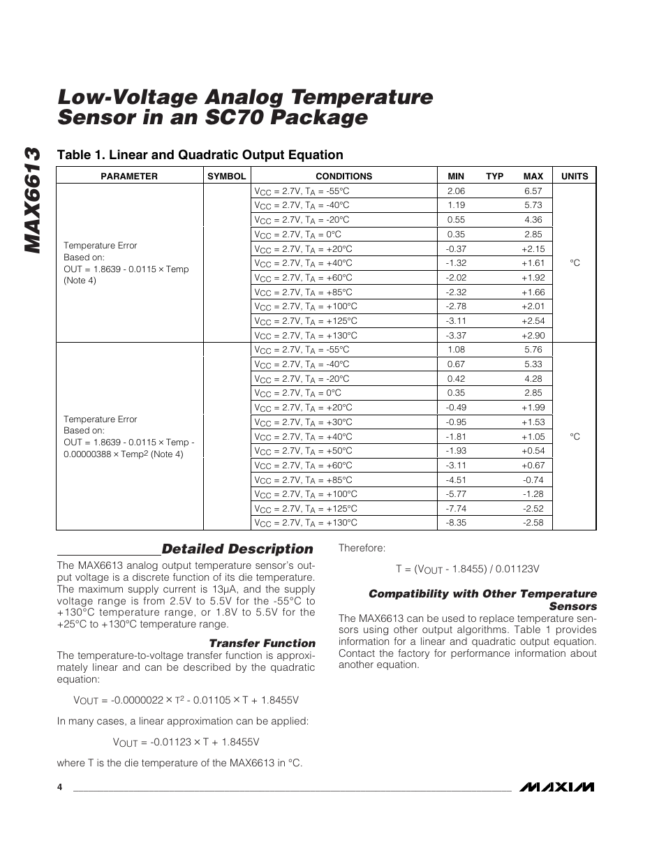 Max6613, Detailed description, Table 1. linear and quadratic output equation | Rainbow Electronics MAX6613 User Manual | Page 4 / 6