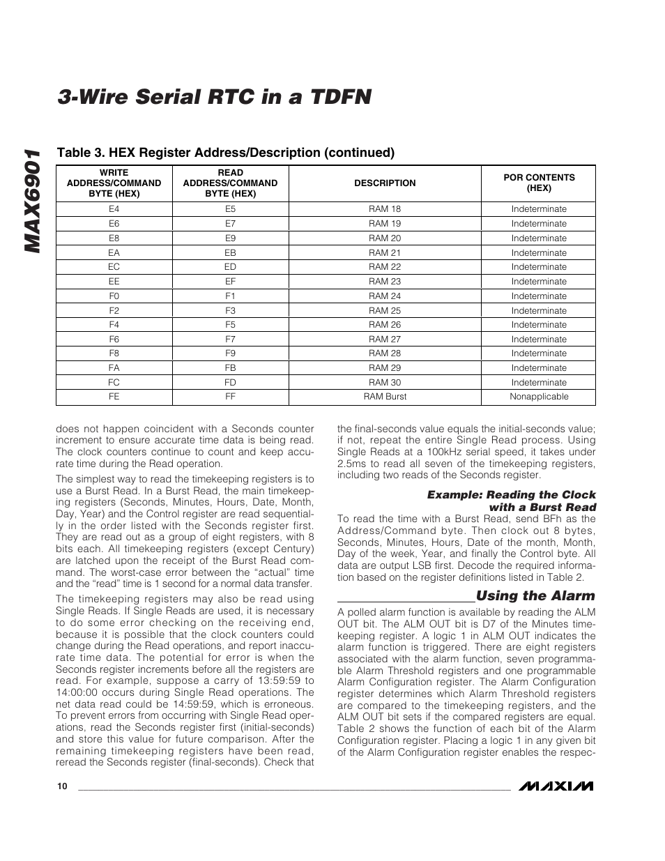 Max6901, Wire serial rtc in a tdfn, Using the alarm | Rainbow Electronics MAX6901 User Manual | Page 10 / 18