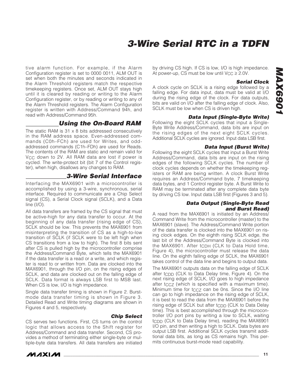 Using the on-board ram, Wire serial interface | Rainbow Electronics MAX6901 User Manual | Page 11 / 18