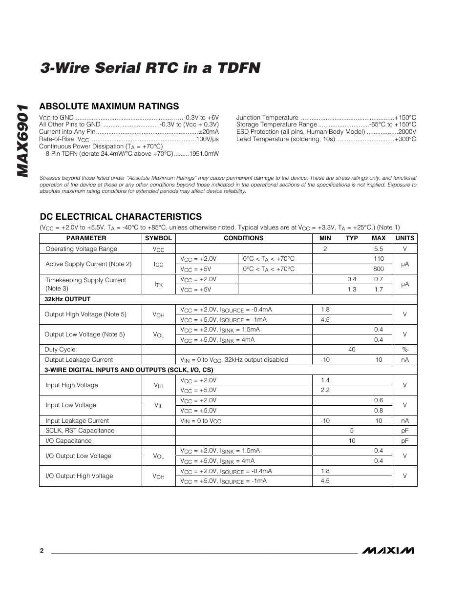 Absolute maximum ratings, Dc electrical characteristics | Rainbow Electronics MAX6901 User Manual | Page 2 / 18
