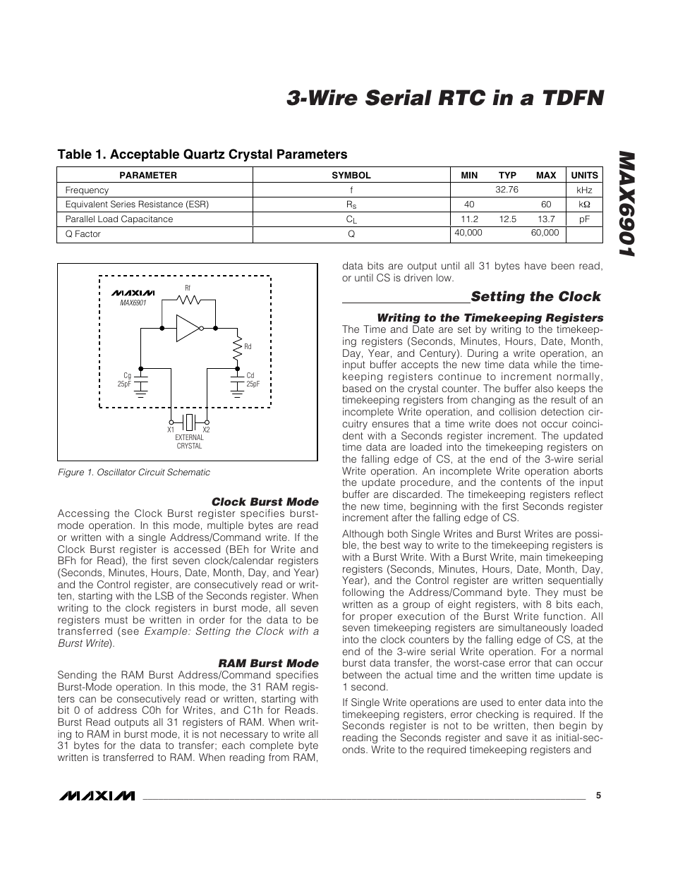 Setting the clock, Table 1. acceptable quartz crystal parameters | Rainbow Electronics MAX6901 User Manual | Page 5 / 18