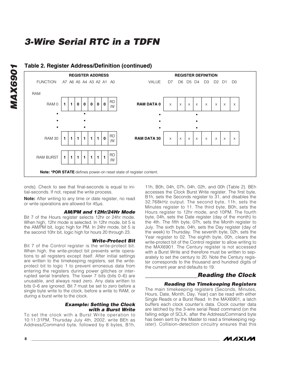 Max6901, Wire serial rtc in a tdfn, Reading the clock | Table 2. register address/definition (continued) | Rainbow Electronics MAX6901 User Manual | Page 8 / 18
