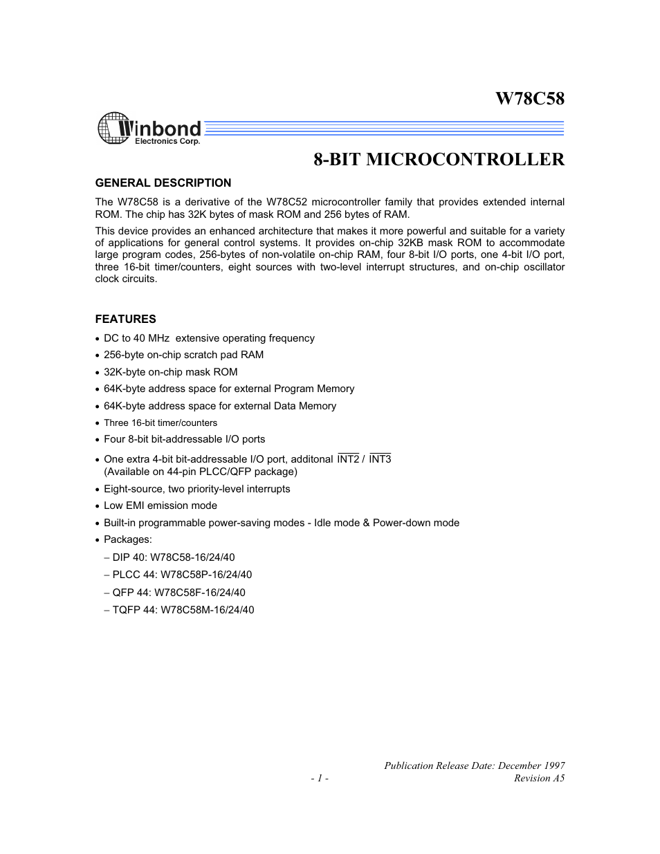 Rainbow Electronics W78C58 User Manual | 16 pages