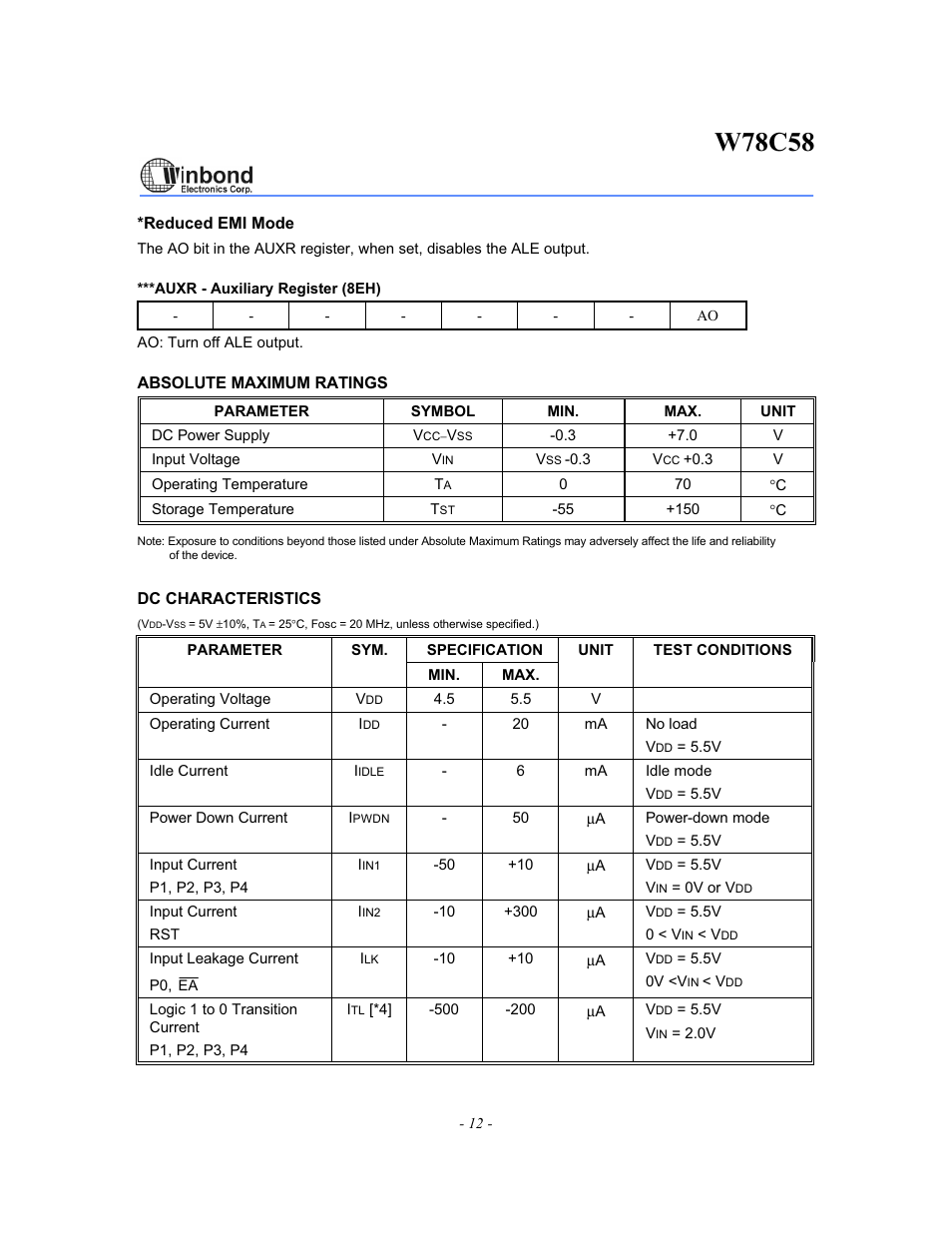 W78c58 | Rainbow Electronics W78C58 User Manual | Page 12 / 16