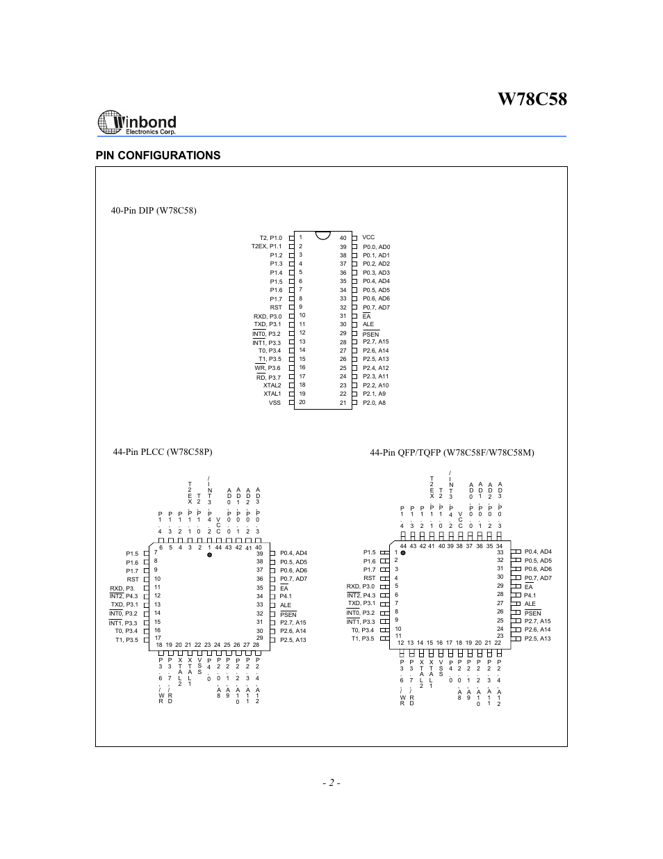 W78c58, Pin configurations, Pin dip (w78c58) | Rainbow Electronics W78C58 User Manual | Page 2 / 16