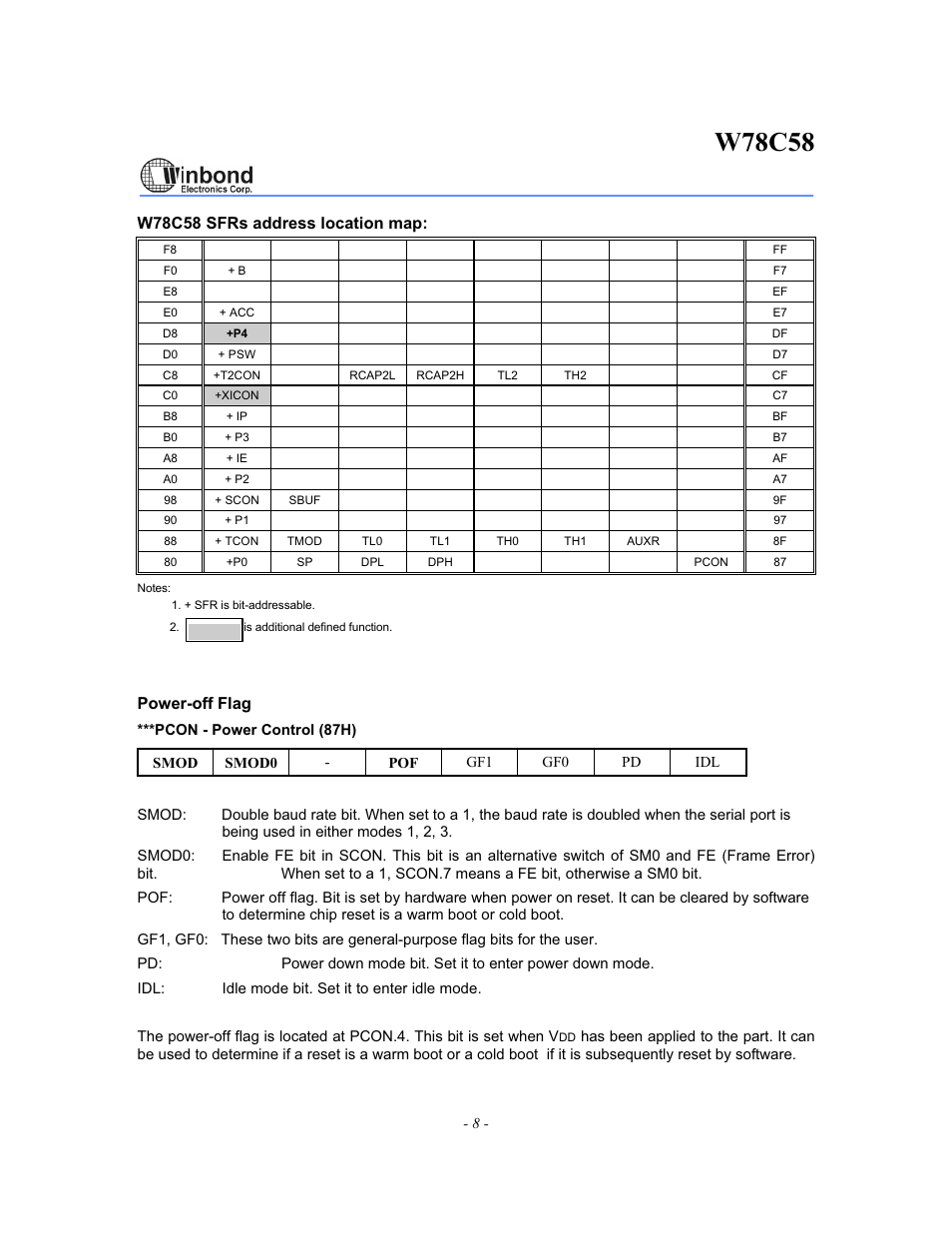 W78c58, W78c58 sfrs address location map, Power-off flag | Rainbow Electronics W78C58 User Manual | Page 8 / 16