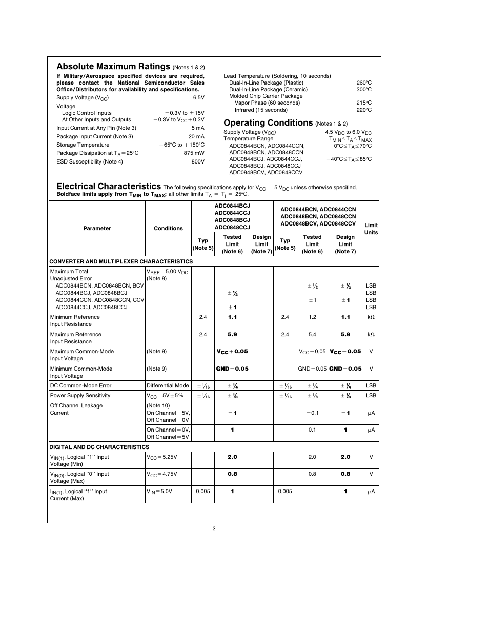 Absolute maximum ratings, Operating conditions, Electrical characteristics | Rainbow Electronics ADC0848 User Manual | Page 2 / 20