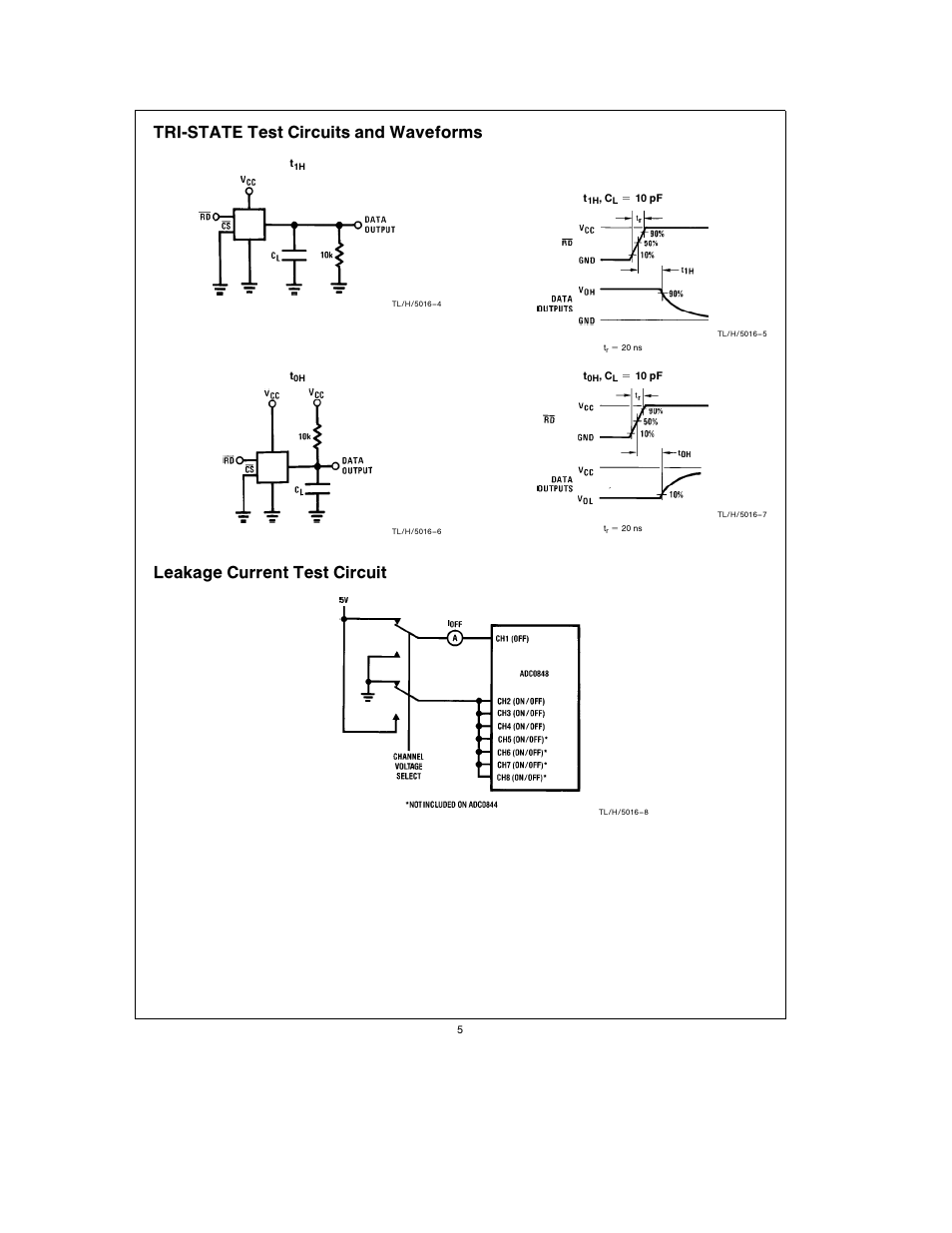 Tri-state test circuits and waveforms, Leakage current test circuit | Rainbow Electronics ADC0848 User Manual | Page 5 / 20