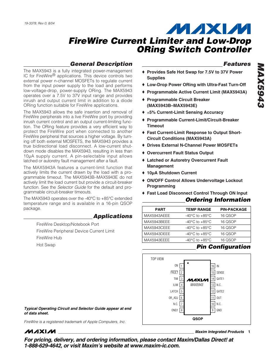 Rainbow Electronics MAX5943 User Manual | 20 pages