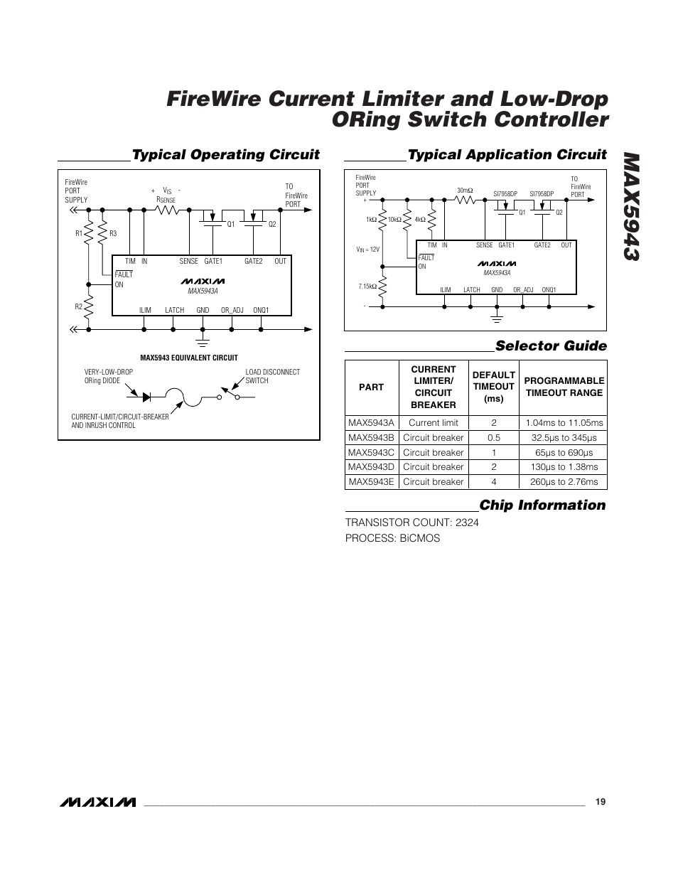 Chip information, Typical operating circuit, Selector guide | Typical application circuit | Rainbow Electronics MAX5943 User Manual | Page 19 / 20