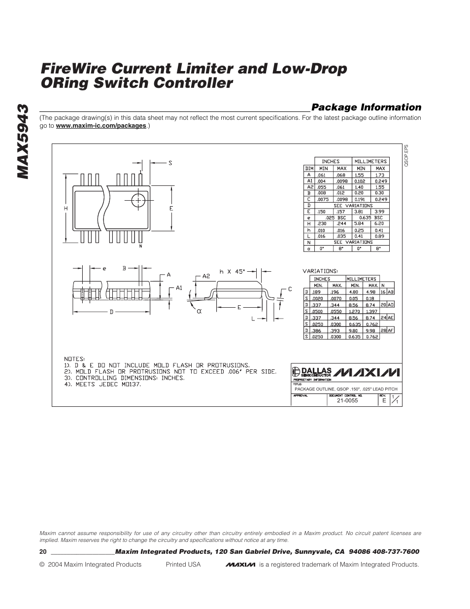 Package information | Rainbow Electronics MAX5943 User Manual | Page 20 / 20