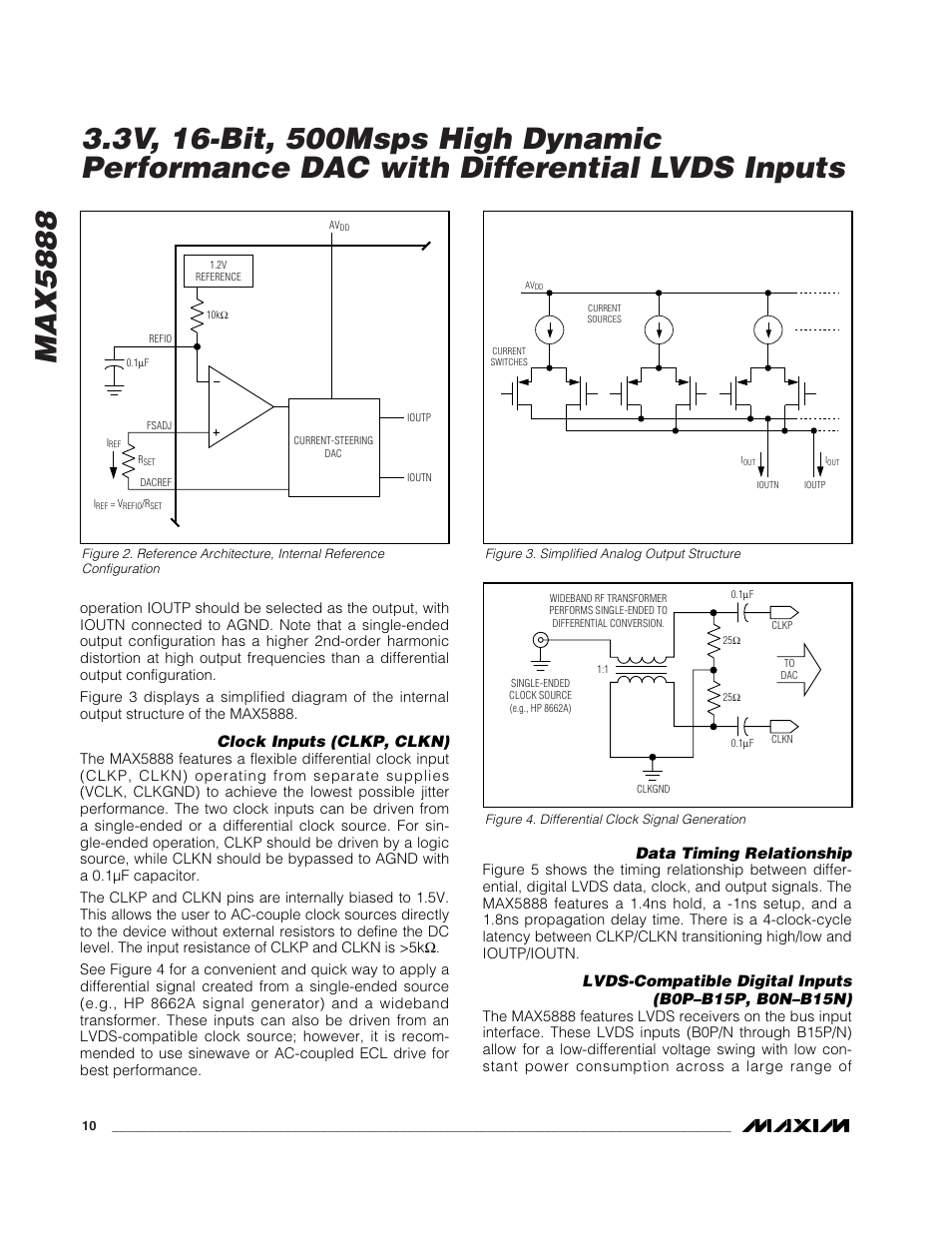 Clock inputs (clkp, clkn), Data timing relationship | Rainbow Electronics MAX5888 User Manual | Page 10 / 18