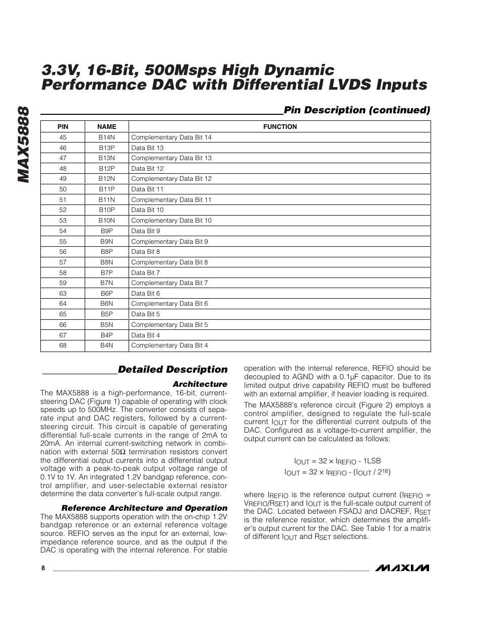 Detailed description, Pin description (continued) | Rainbow Electronics MAX5888 User Manual | Page 8 / 18