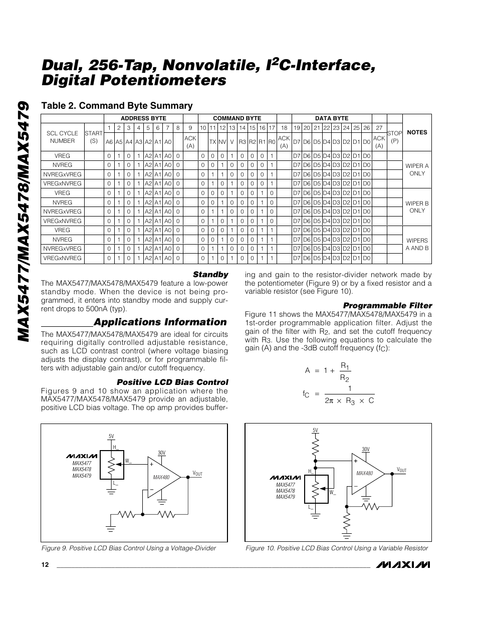 C-interface, digital potentiometers, Applications information, Table 2. command byte summary | Rainbow Electronics MAX5479 User Manual | Page 12 / 15