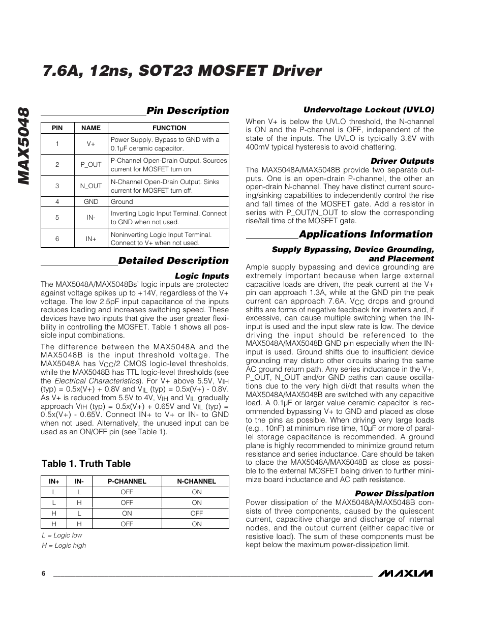Detailed description, Applications information, Pin description | Table 1. truth table | Rainbow Electronics MAX5048 User Manual | Page 6 / 9