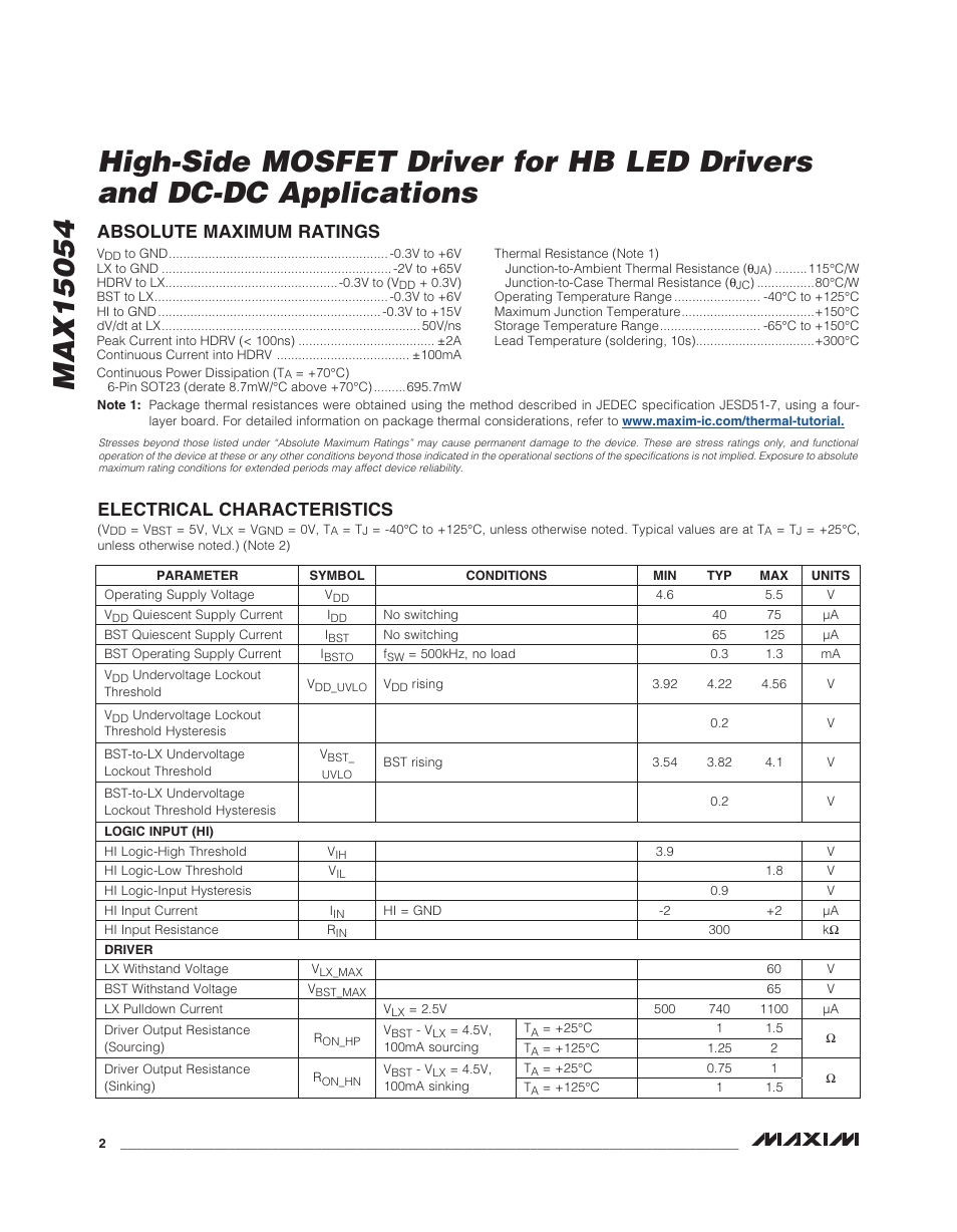Electrical characteristics, Absolute maximum ratings | Rainbow Electronics MAX15054 User Manual | Page 2 / 9