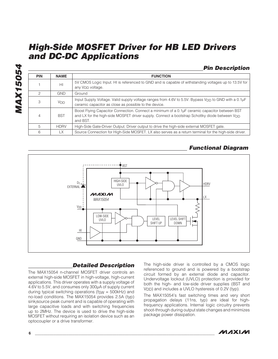 Pin description functional diagram, Detailed description | Rainbow Electronics MAX15054 User Manual | Page 6 / 9