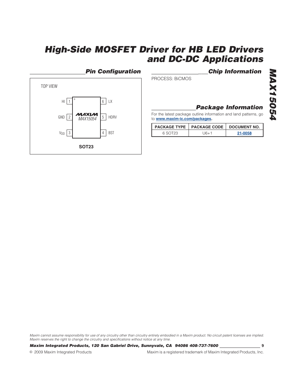 Package information, Chip information, Pin configuration | Rainbow Electronics MAX15054 User Manual | Page 9 / 9