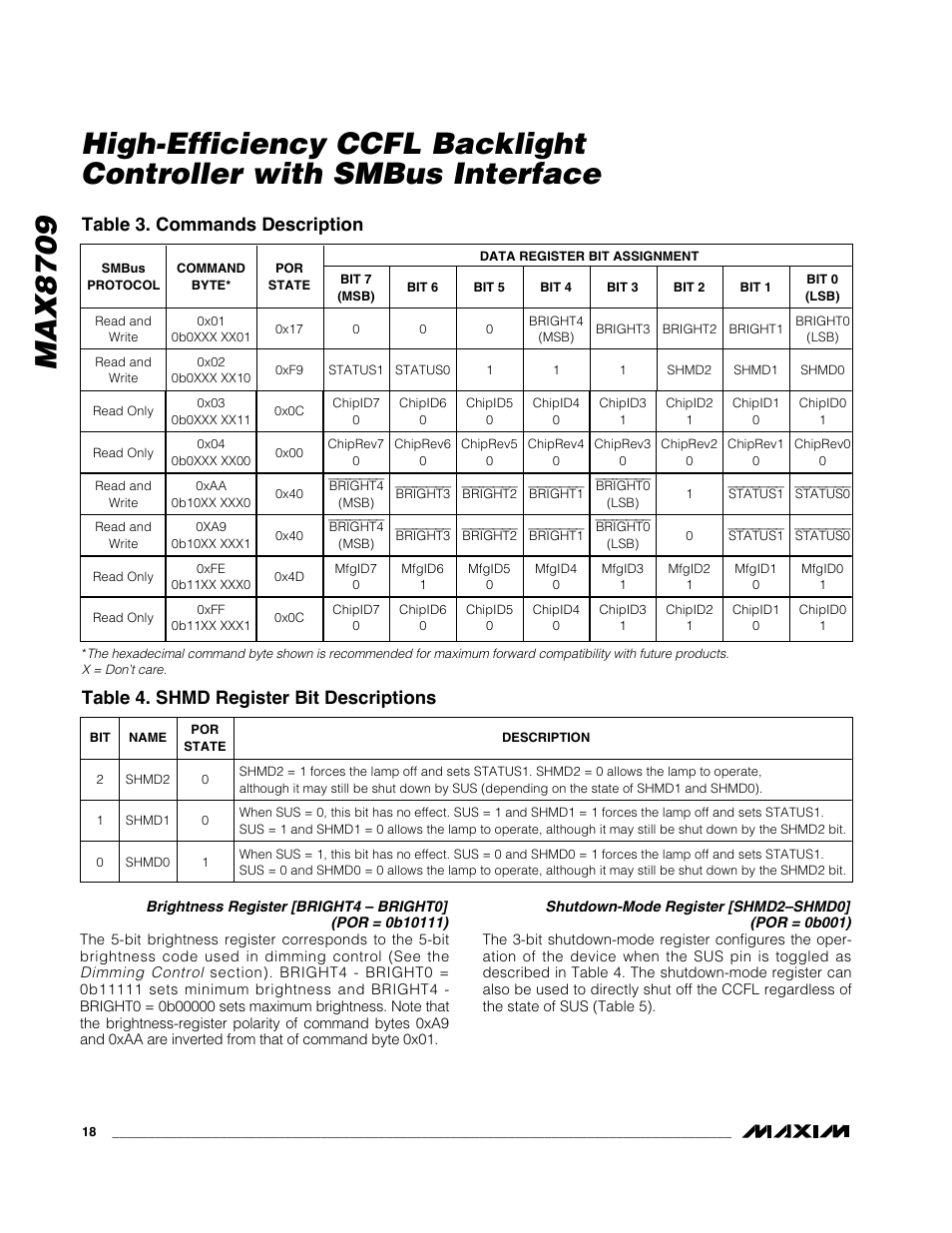 Table 3. commands description, Table 4. shmd register bit descriptions | Rainbow Electronics MAX8709 User Manual | Page 18 / 23