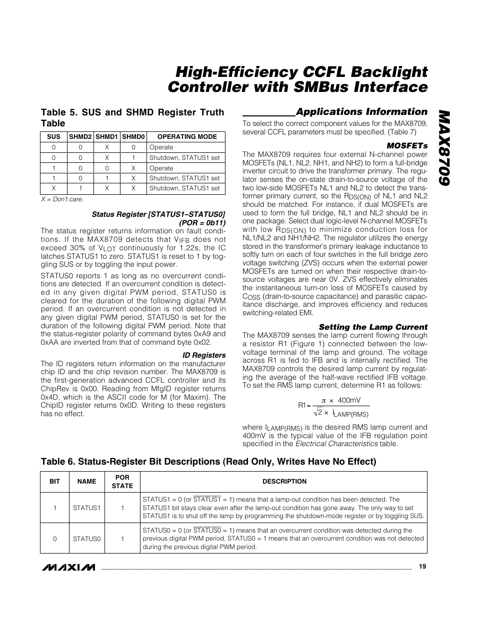 Applications information, Table 5. sus and shmd register truth table | Rainbow Electronics MAX8709 User Manual | Page 19 / 23