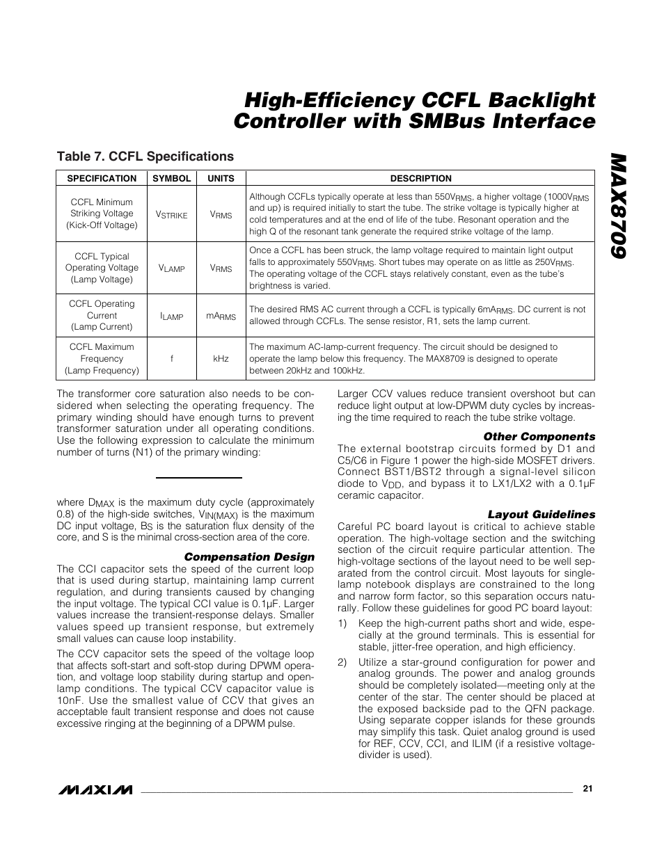 Table 7. ccfl specifications | Rainbow Electronics MAX8709 User Manual | Page 21 / 23
