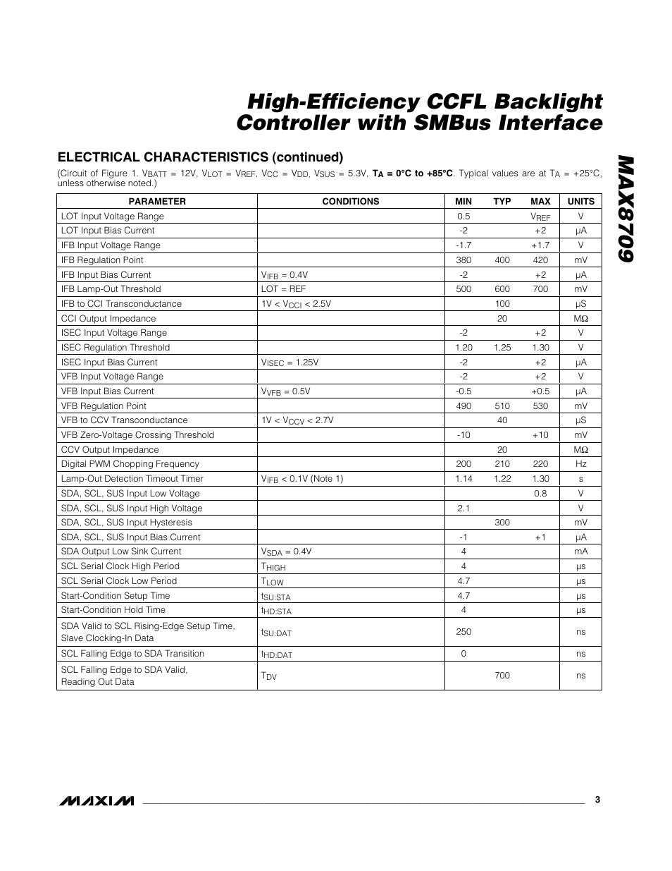 Electrical characteristics (continued) | Rainbow Electronics MAX8709 User Manual | Page 3 / 23