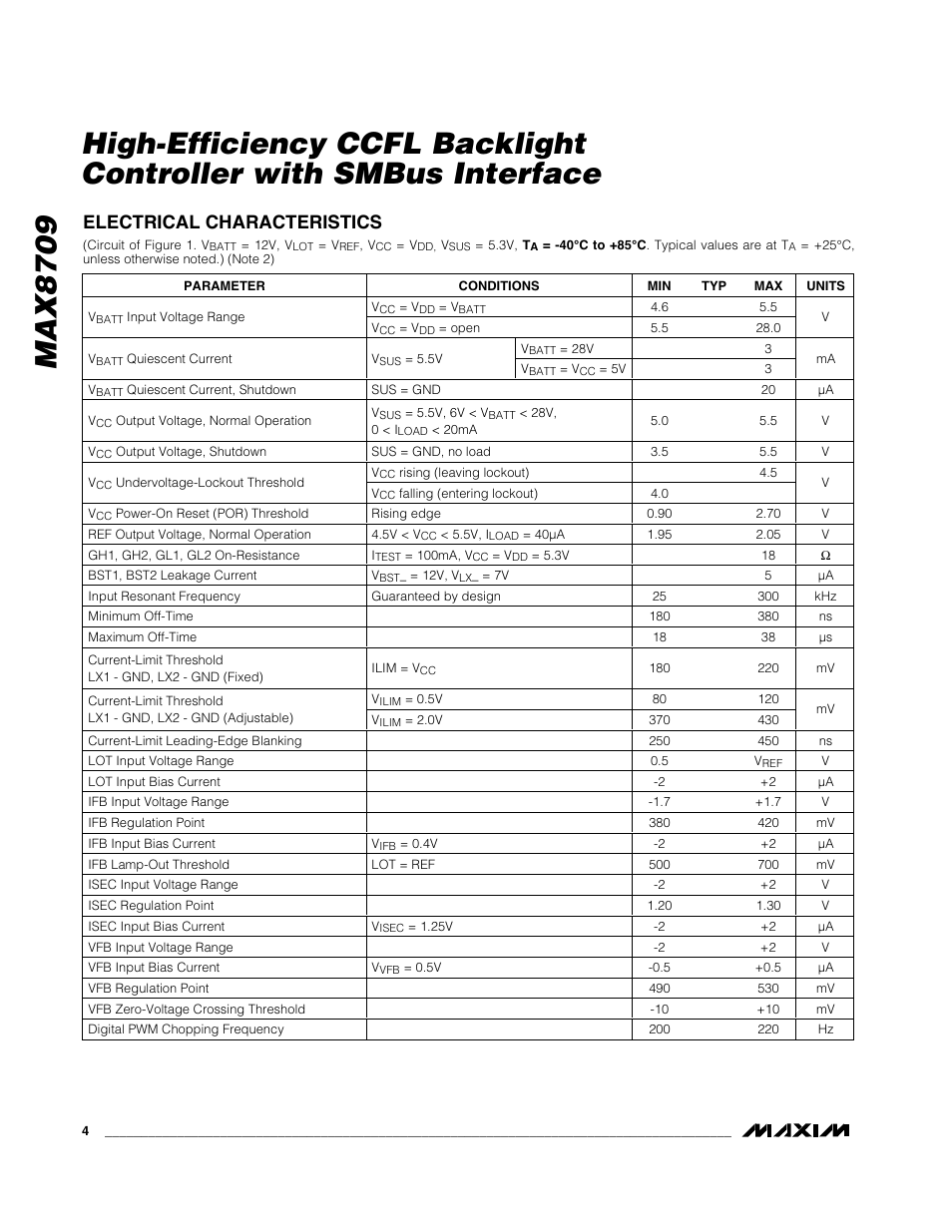 Electrical characteristics | Rainbow Electronics MAX8709 User Manual | Page 4 / 23