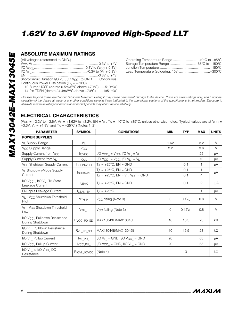 Absolute maximum ratings, Electrical characteristics | Rainbow Electronics MAX13045E User Manual | Page 2 / 14