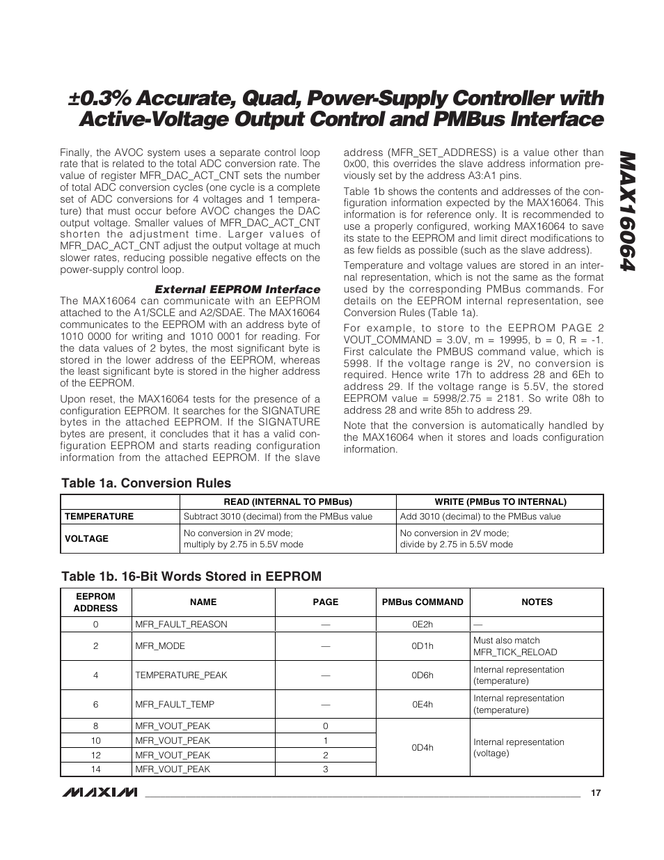 Table 1a. conversion rules, Table 1b. 16-bit words stored in eeprom | Rainbow Electronics MAX16064 User Manual | Page 17 / 52