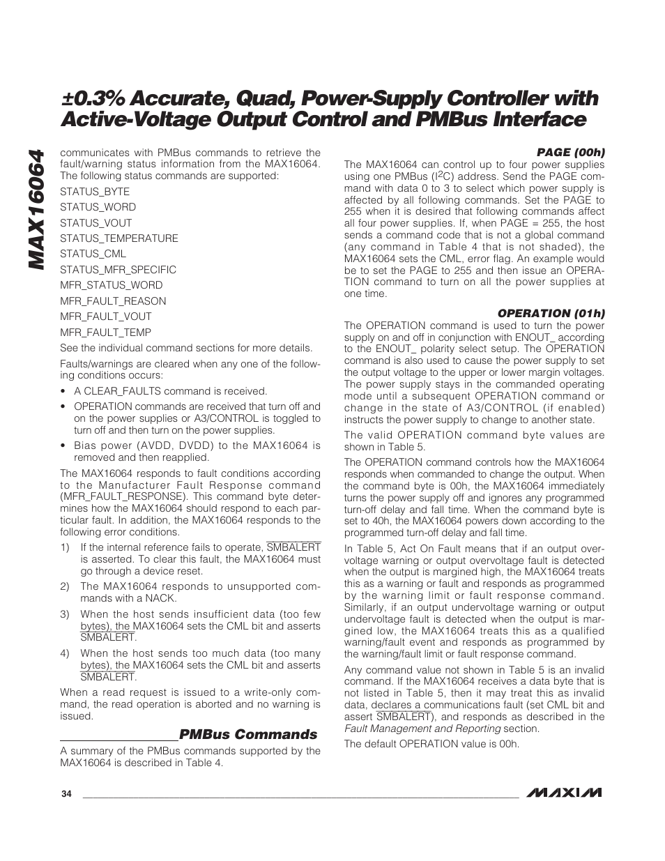 Pmbus commands | Rainbow Electronics MAX16064 User Manual | Page 34 / 52