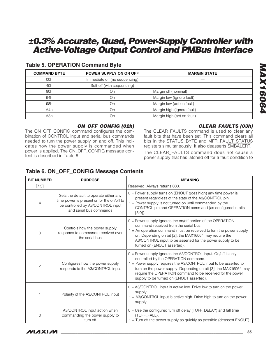 Table 5. operation command byte, Table 6. on_off_config message contents | Rainbow Electronics MAX16064 User Manual | Page 35 / 52