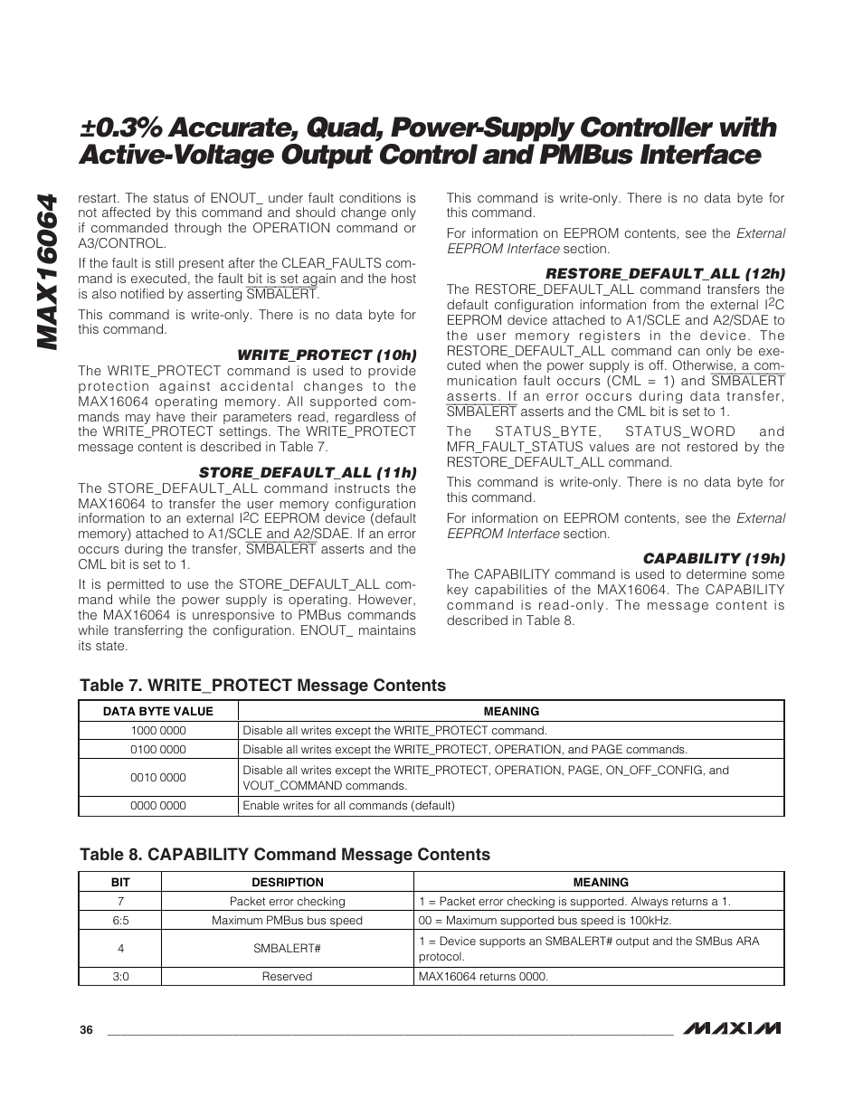 Table 7. write_protect message contents, Table 8. capability command message contents | Rainbow Electronics MAX16064 User Manual | Page 36 / 52