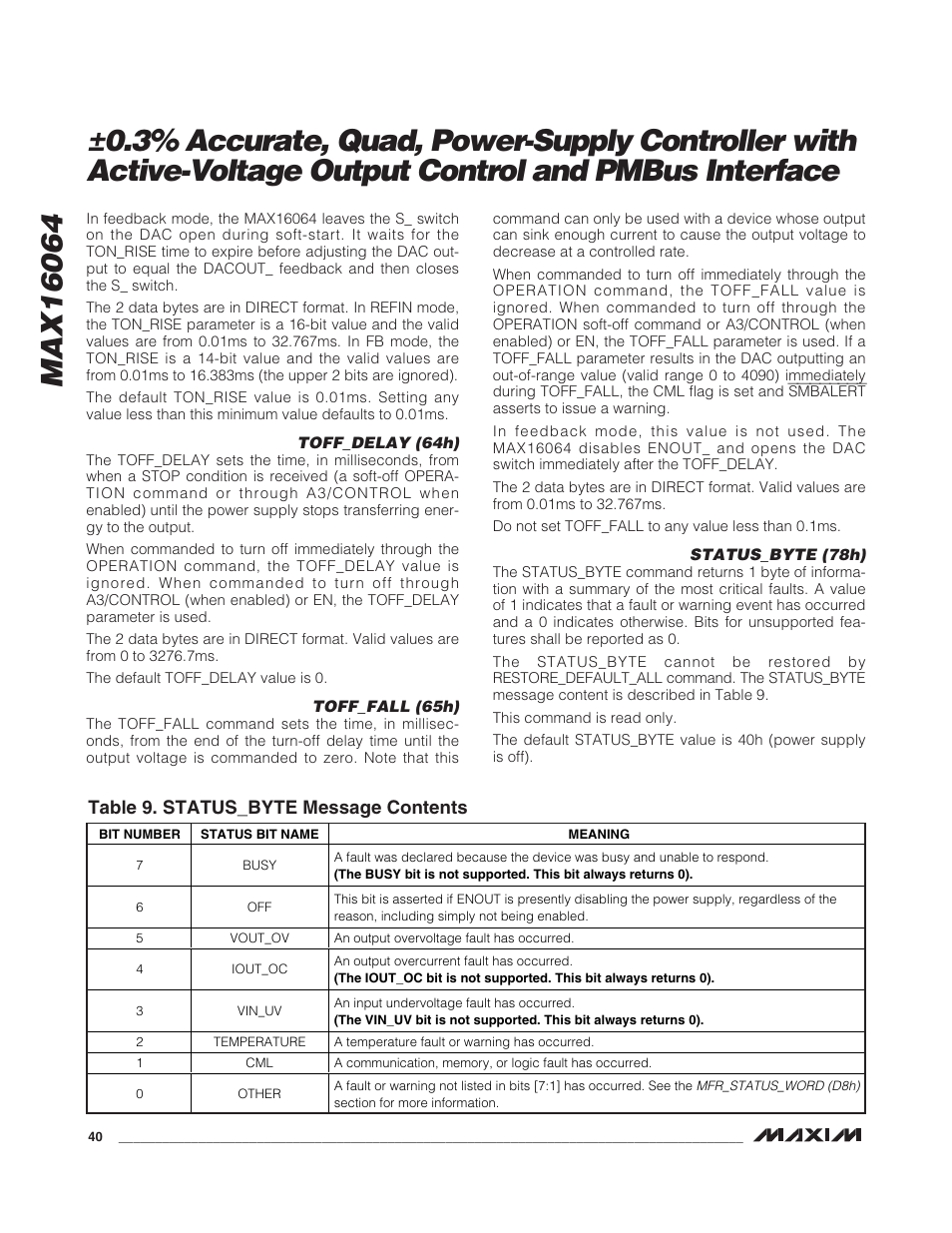 Table 9. status_byte message contents | Rainbow Electronics MAX16064 User Manual | Page 40 / 52