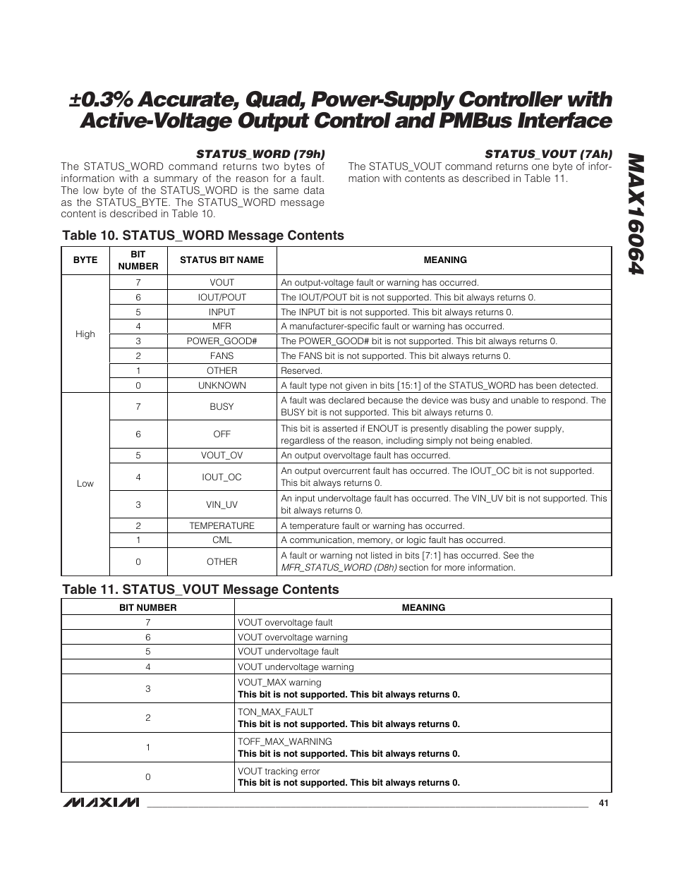 Table 10. status_word message contents, Table 11. status_vout message contents | Rainbow Electronics MAX16064 User Manual | Page 41 / 52