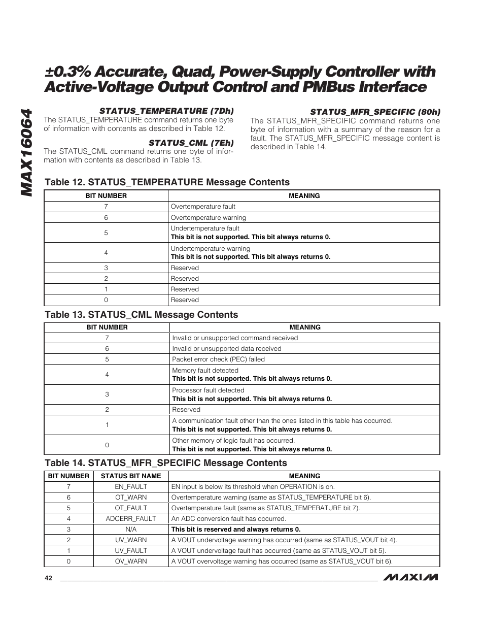 Table 12. status_temperature message contents, Table 13. status_cml message contents, Table 14. status_mfr_specific message contents | Rainbow Electronics MAX16064 User Manual | Page 42 / 52