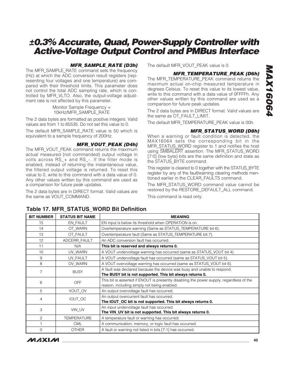 Table 17. mfr_status_word bit definition | Rainbow Electronics MAX16064 User Manual | Page 45 / 52