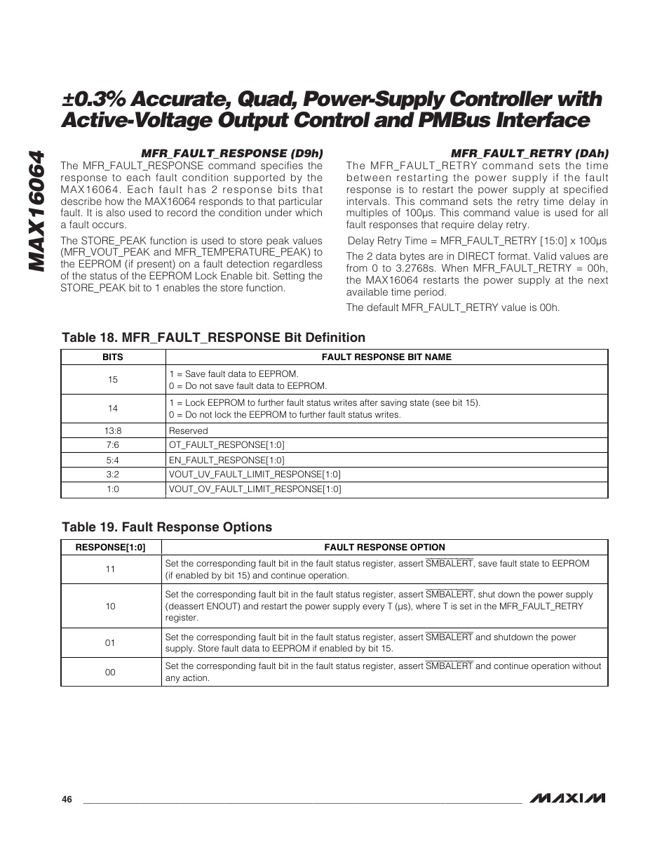 Table 18. mfr_fault_response bit definition, Table 19. fault response options | Rainbow Electronics MAX16064 User Manual | Page 46 / 52