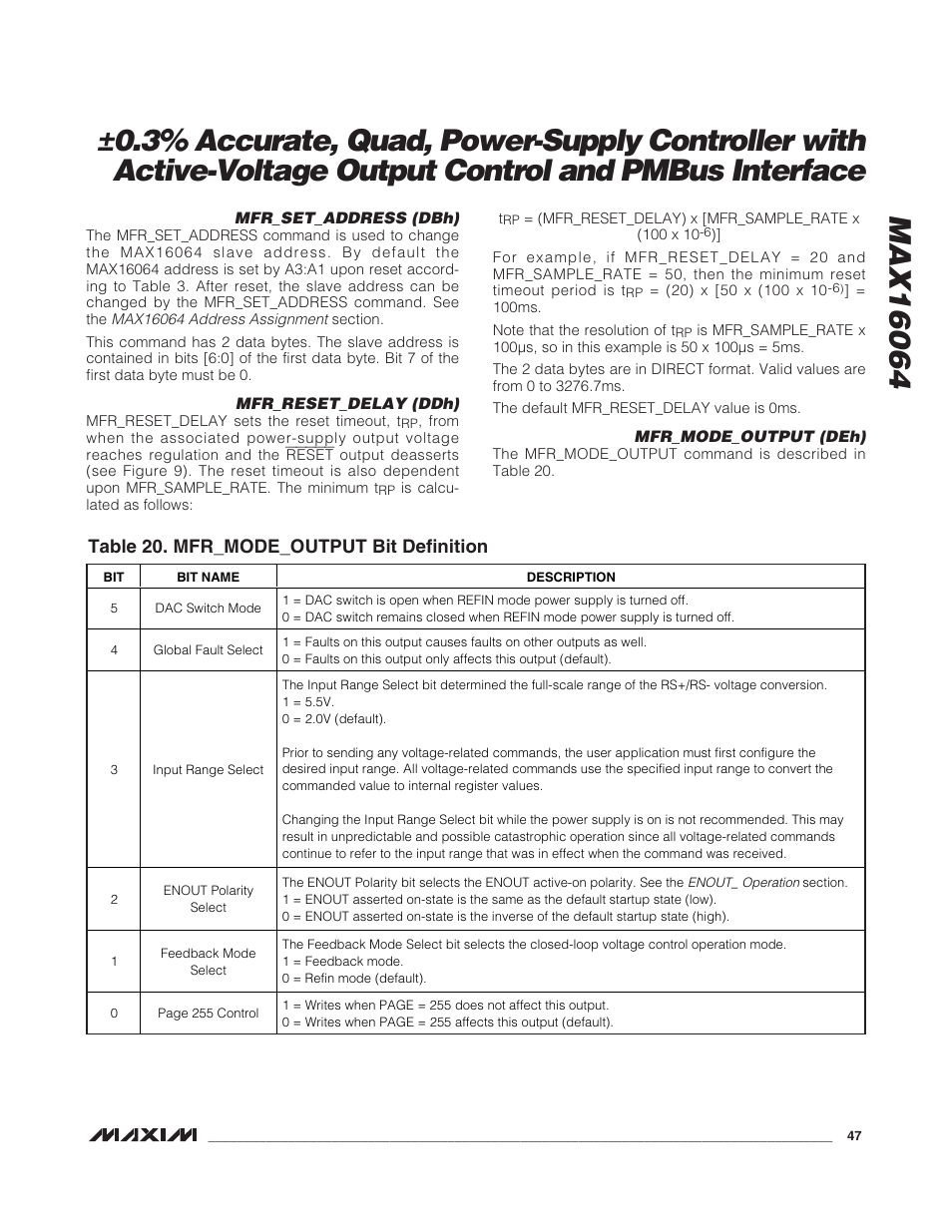 Table 20. mfr_mode_output bit definition | Rainbow Electronics MAX16064 User Manual | Page 47 / 52