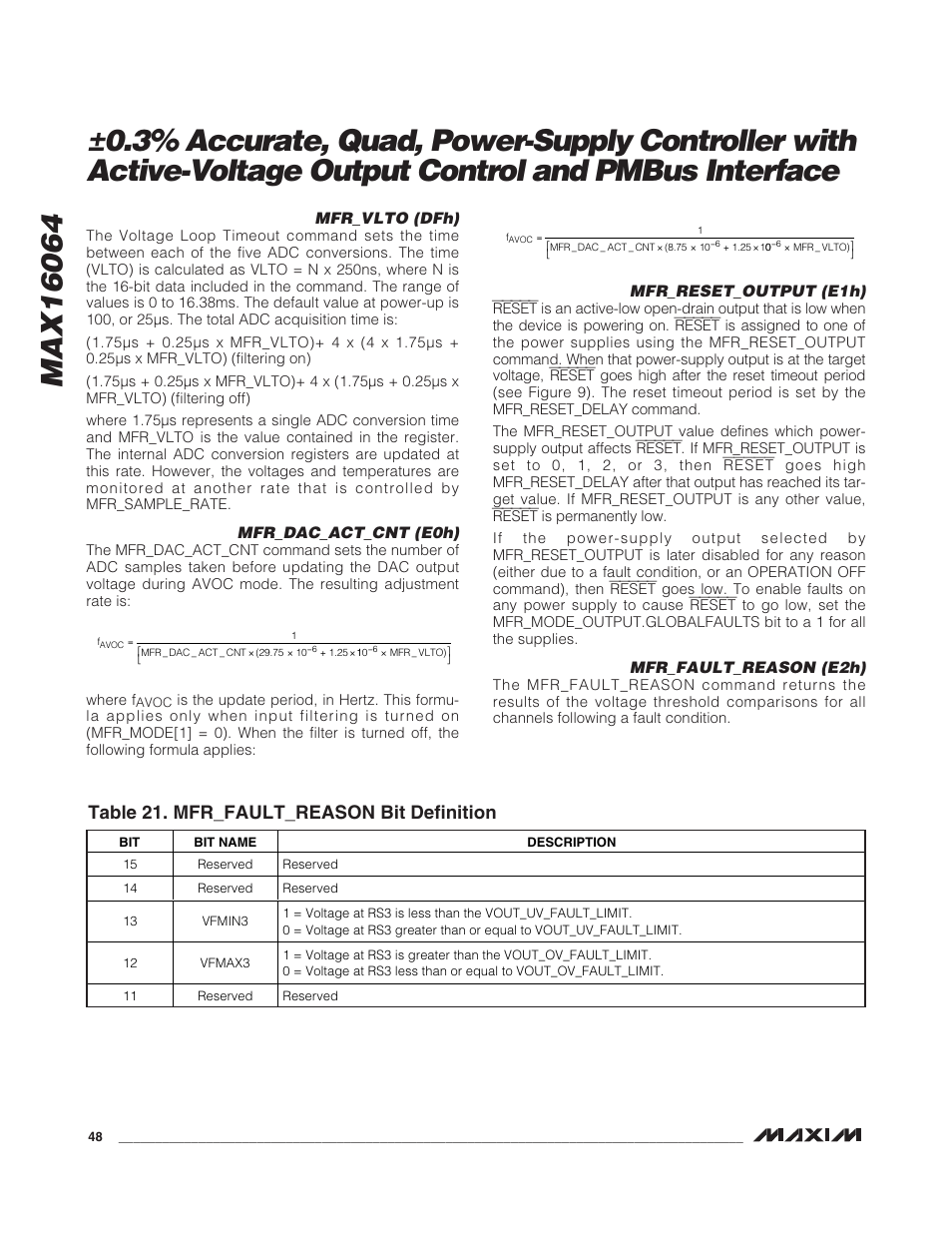 Table 21. mfr_fault_reason bit definition, Mfr_vlto (dfh), Mfr_dac_act_cnt (e0h) | Mfr_reset_output (e1h), Mfr_fault_reason (e2h) | Rainbow Electronics MAX16064 User Manual | Page 48 / 52