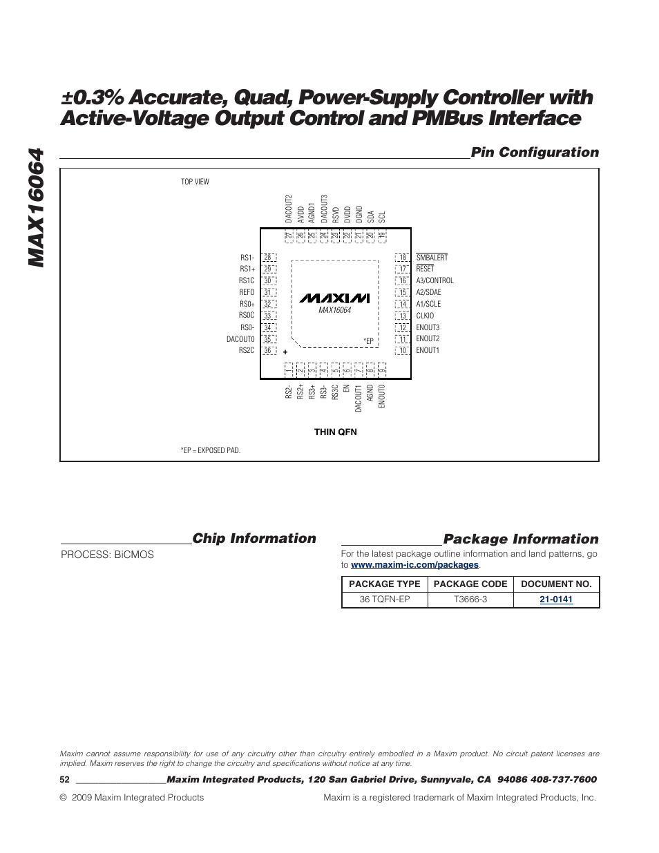 Package information, Pin configuration chip information | Rainbow Electronics MAX16064 User Manual | Page 52 / 52